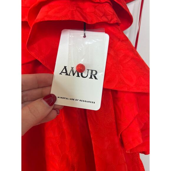 NWT Amur Ruffled Gathered Floral-Jacquard Lined Cap Sleeve Hi-Lo Dress Red Sz: 0 - Picture 5 of 9